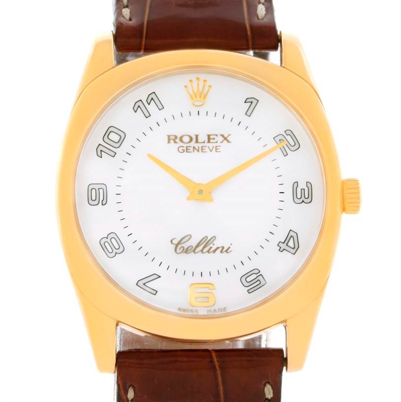 This is a frontal close-up of the Rolex Cellini 4233 Men's Yellow Gold White Dial 4233 Men's Yellow Gold White Dial watch showing the dial, hands, and part of the leather strap.