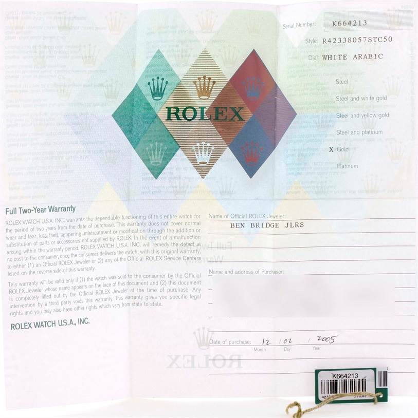 This image shows the warranty card for a Rolex Cellini 4233 Men's Yellow Gold White Dial 4233 Men's Yellow Gold White Dial model with information on the style and dial.