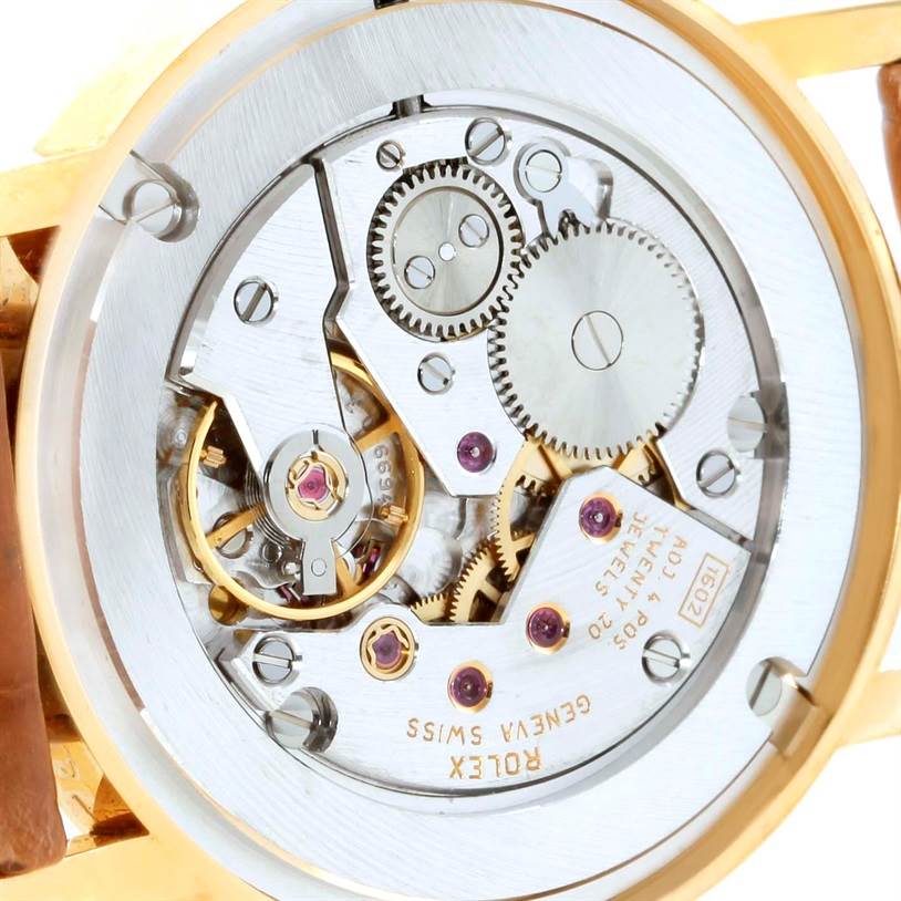 This image shows the intricate internal mechanism of the Cellini model by Rolex, viewed from the back of the watch.