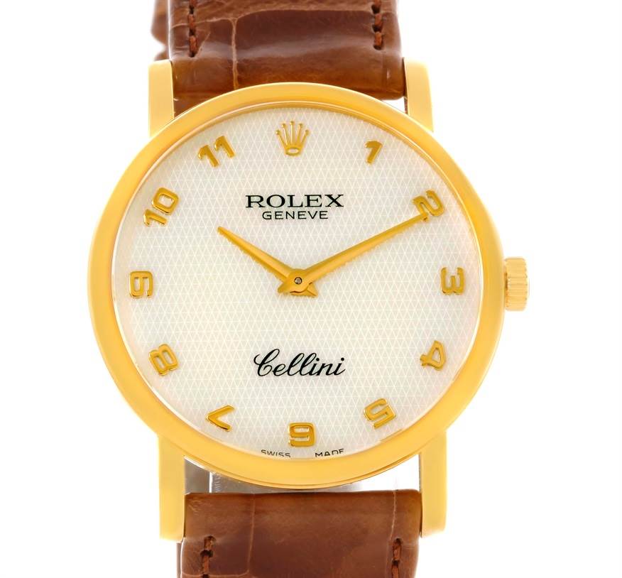 The image shows a front view of a Rolex Cellini 5115 Men
s Yellow Gold Mother of Pearl Dial 5115 Men
s Yellow Gold Mother of Pearl Dial watch, featuring its face, numerals, crown, and leather strap.