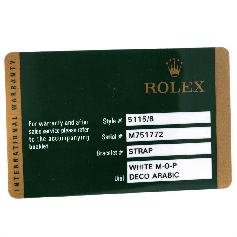 This image shows the international warranty card for a Rolex Cellini 5115 Men
s Yellow Gold Mother of Pearl Dial 5115 Men
s Yellow Gold Mother of Pearl Dial model watch.