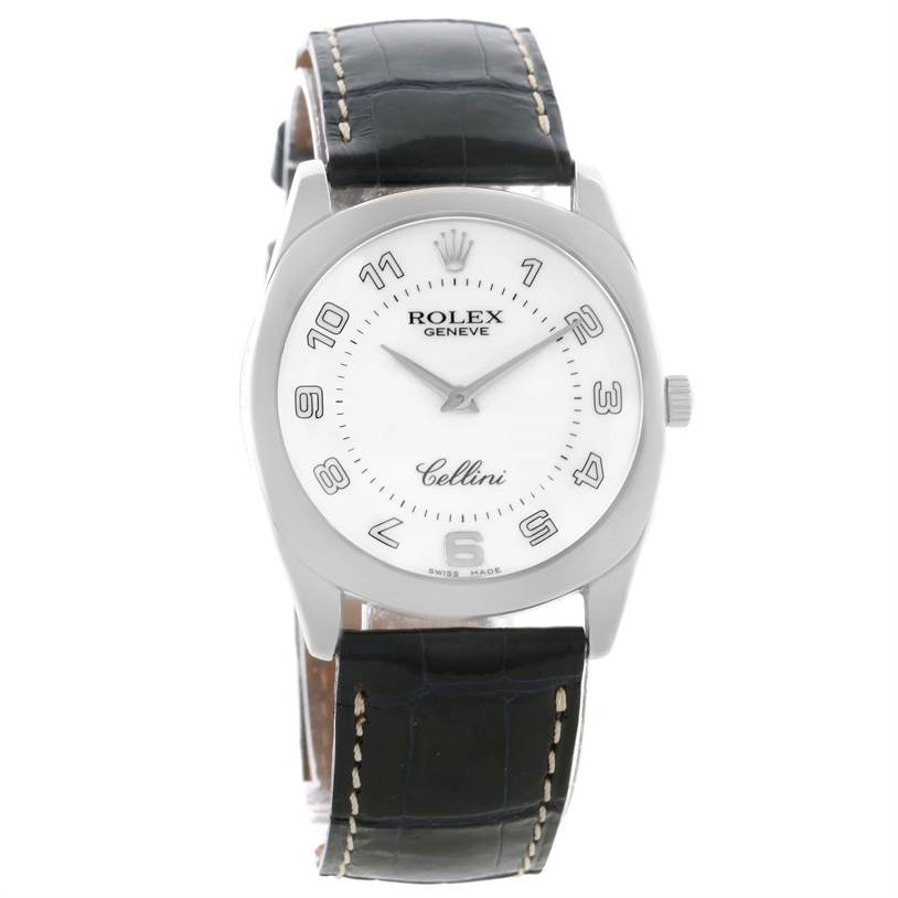The image shows a front view of a Rolex Cellini 4233 Men
s White Gold White Dial 4233 Men
s White Gold White Dial watch, displaying its dial, case, and leather strap.