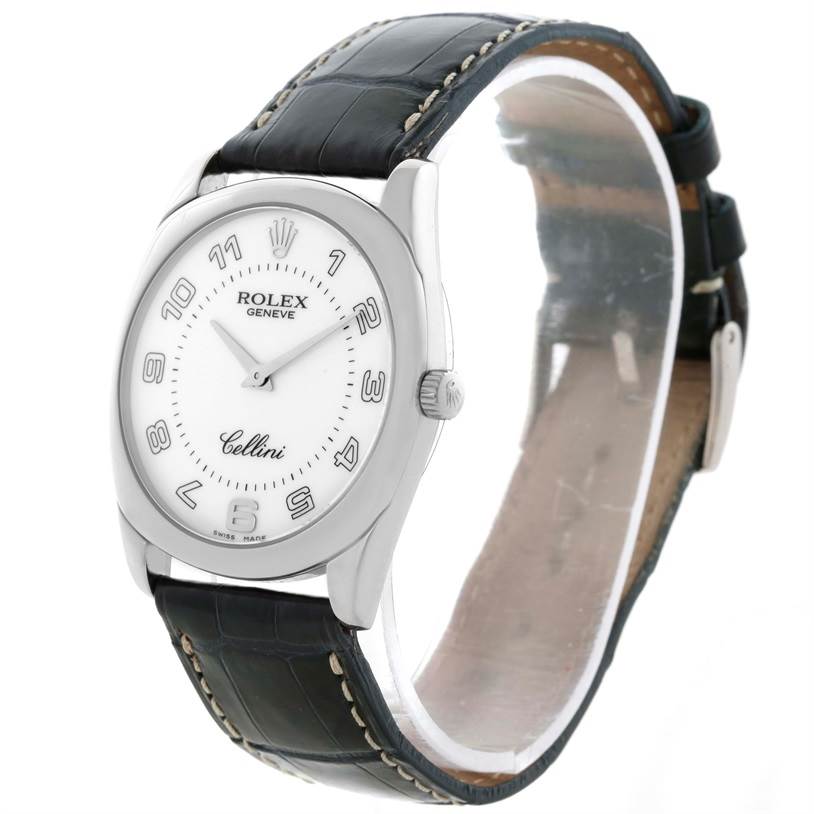 The Rolex Cellini 4233 Men
s White Gold White Dial 4233 Men
s White Gold White Dial watch is shown from a front angle, highlighting its dial, bezel, crown, and leather strap.