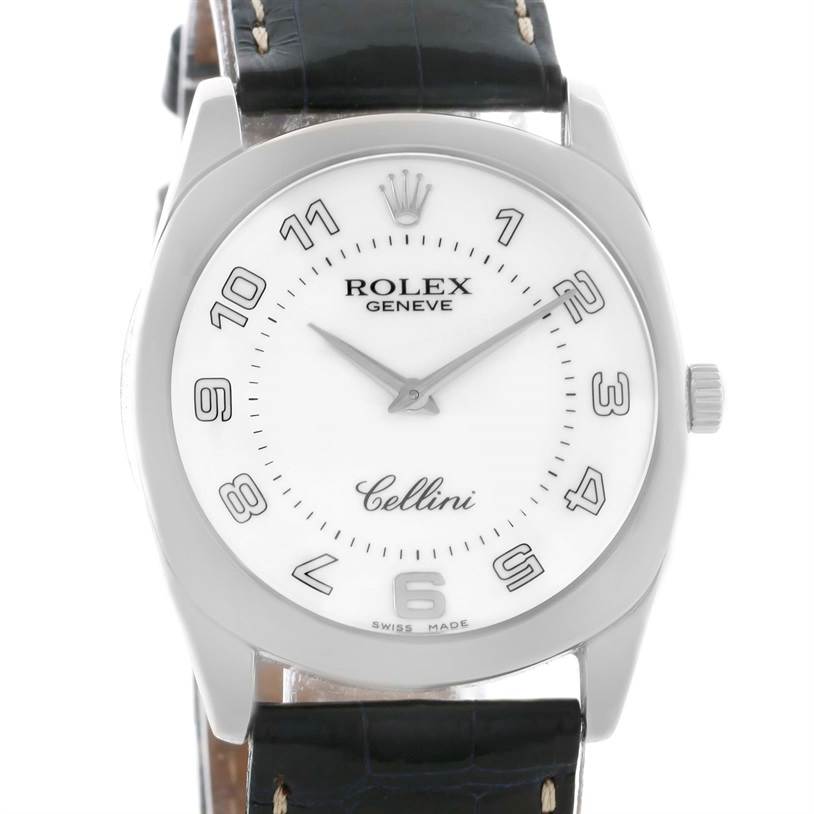 The image shows a front view of the Rolex Cellini 4233 Men
s White Gold White Dial 4233 Men
s White Gold White Dial watch, displaying the dial, crown, and part of the leather strap.