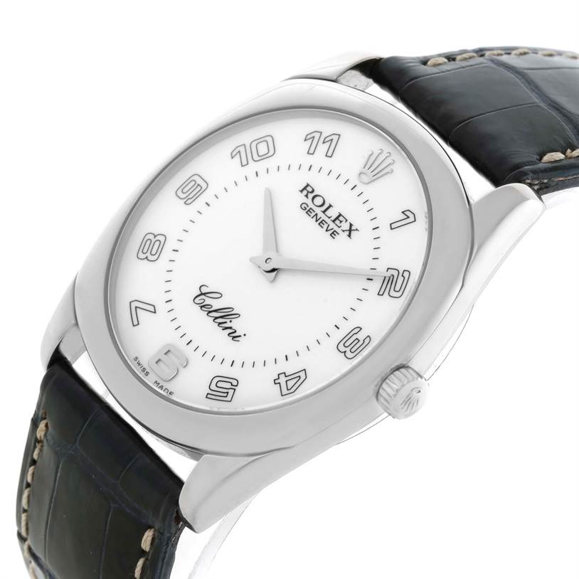 The image shows a Rolex Cellini 4233 Men
s White Gold White Dial 4233 Men
s White Gold White Dial watch from a front-right angle, displaying the face, bezel, crown, and part of the strap.