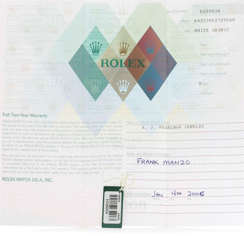 The image shows the warranty card and purchase details for a Rolex Cellini 4233 Men
s White Gold White Dial 4233 Men
s White Gold White Dial model watch.