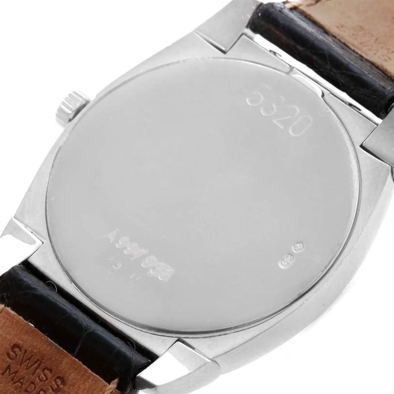 The image shows the back case and lugs of a Rolex Cellini 5320 Men's White Gold Mother of Pearl Dial 5320 Men's White Gold Mother of Pearl Dial watch, including part of the strap and the crown.