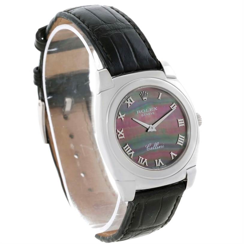 The Rolex Cellini 5320 Men's White Gold Mother of Pearl Dial 5320 Men's White Gold Mother of Pearl Dial watch is shown from an angle displaying the face, bezel, and black leather strap.