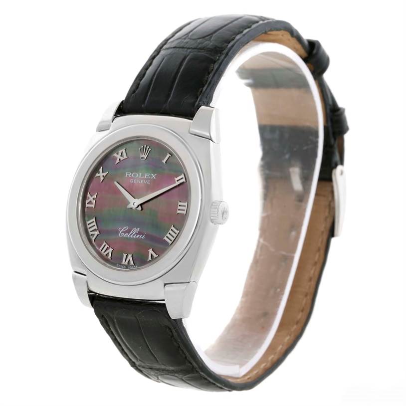 The image shows a Rolex Cellini 5320 Men's White Gold Mother of Pearl Dial 5320 Men's White Gold Mother of Pearl Dial model watch at a three-quarter angle, displaying the face, strap, and crown.