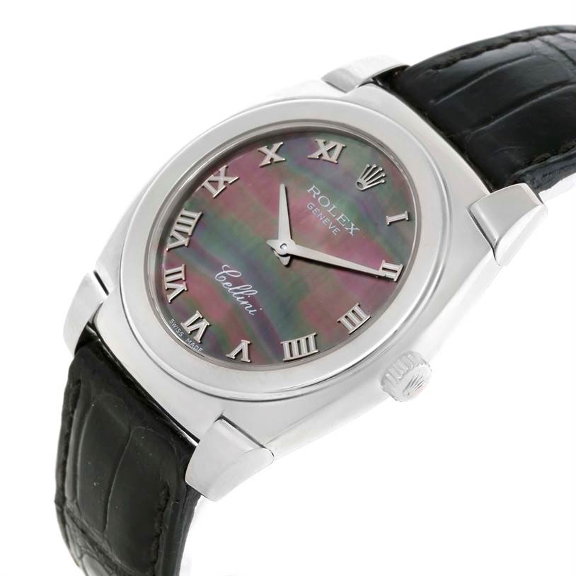 The image shows a Rolex Cellini 5320 Men's White Gold Mother of Pearl Dial 5320 Men's White Gold Mother of Pearl Dial watch from a slightly angled view, highlighting the dial, case, crown, and leather strap.