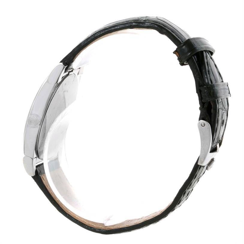 The image shows a side view of the Rolex Cellini 5320 Men's White Gold Mother of Pearl Dial 5320 Men's White Gold Mother of Pearl Dial watch, focusing on the case, leather strap, and clasp.