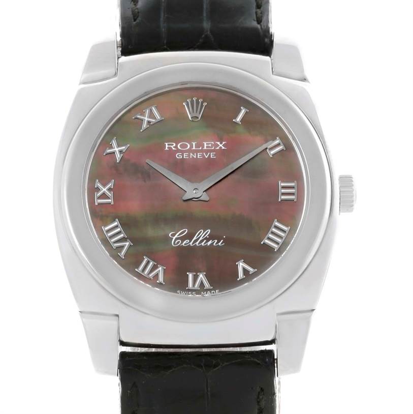 The image shows a frontal view of the Rolex Cellini 5320 Men's White Gold Mother of Pearl Dial 5320 Men's White Gold Mother of Pearl Dial watch displaying the face, dial, crown, and top part of the strap.