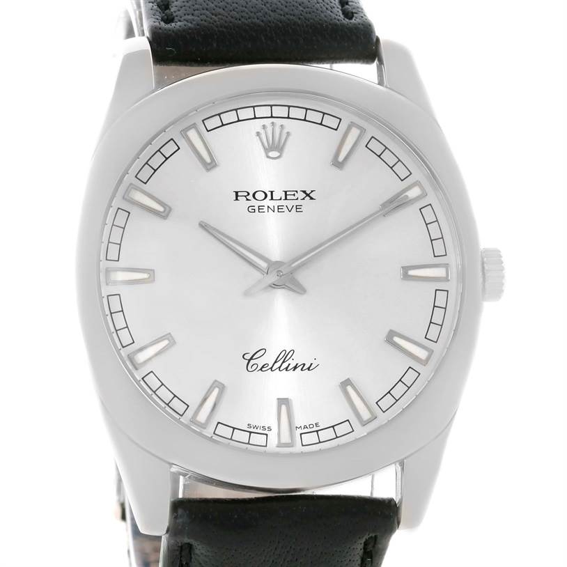 This image shows a front view of a Rolex Cellini 4243 Men
s White Gold Silver Dial 4243 Men
s White Gold Silver Dial watch featuring the dial, hands, and a portion of the leather strap.