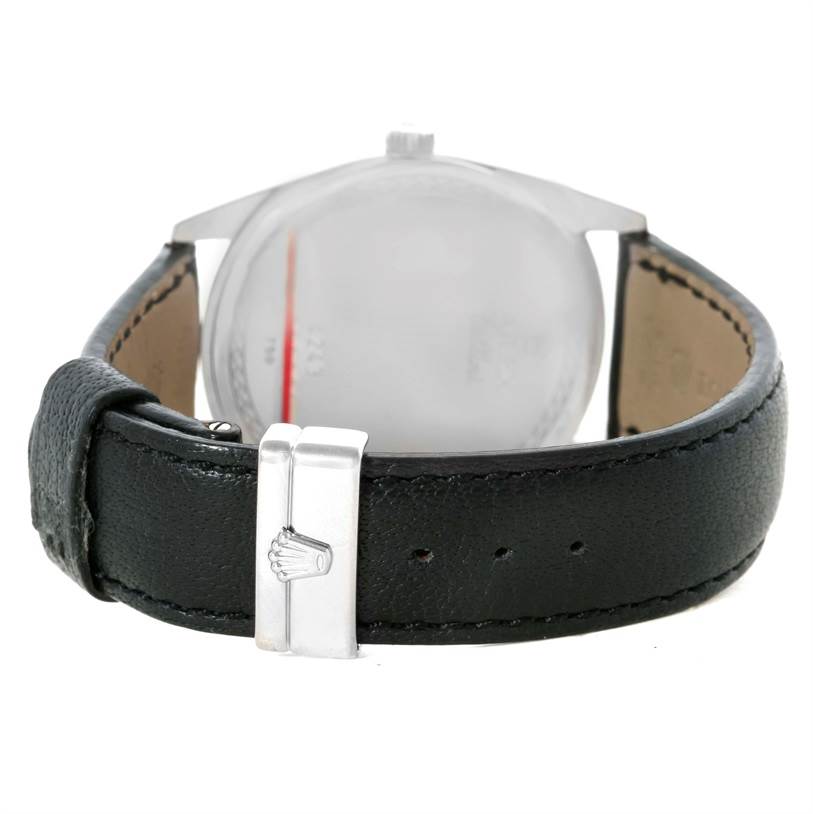 This image shows the back view of a Rolex Cellini 4243 Men
s White Gold Silver Dial 4243 Men
s White Gold Silver Dial watch, focusing on the leather strap and clasp.