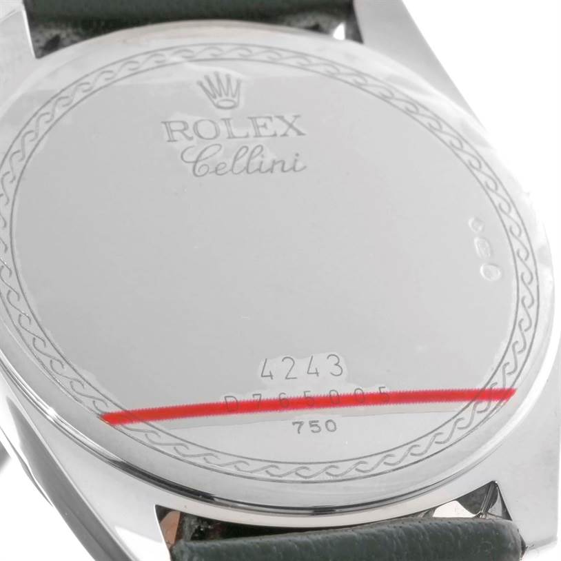 This image shows the back case of a Rolex Cellini 4243 Men
s White Gold Silver Dial 4243 Men
s White Gold Silver Dial watch, displaying the engraved model name and logo.