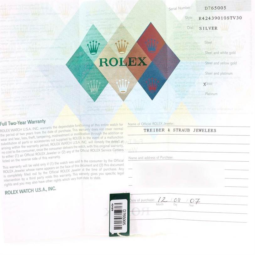 The image shows a warranty certificate for a Rolex Cellini 4243 Men
s White Gold Silver Dial 4243 Men
s White Gold Silver Dial model, including serial and style numbers and jeweler information.