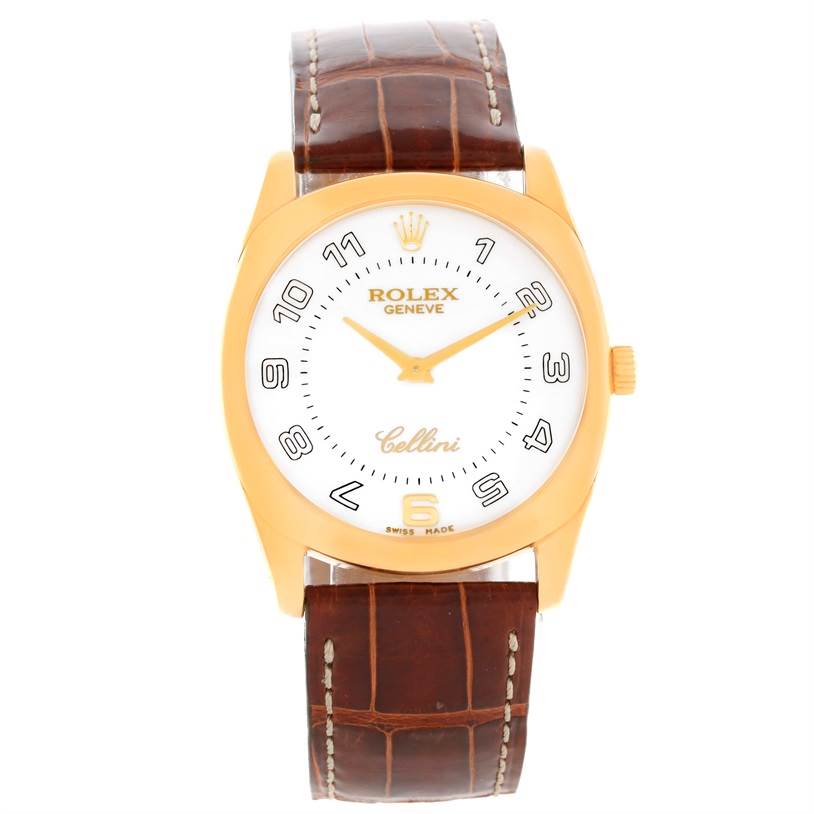 The Rolex Cellini 4233 Men's Yellow Gold White Dial 4233 Men's Yellow Gold White Dial watch is pictured from the front, displaying the face, bezel, crown, and leather strap.