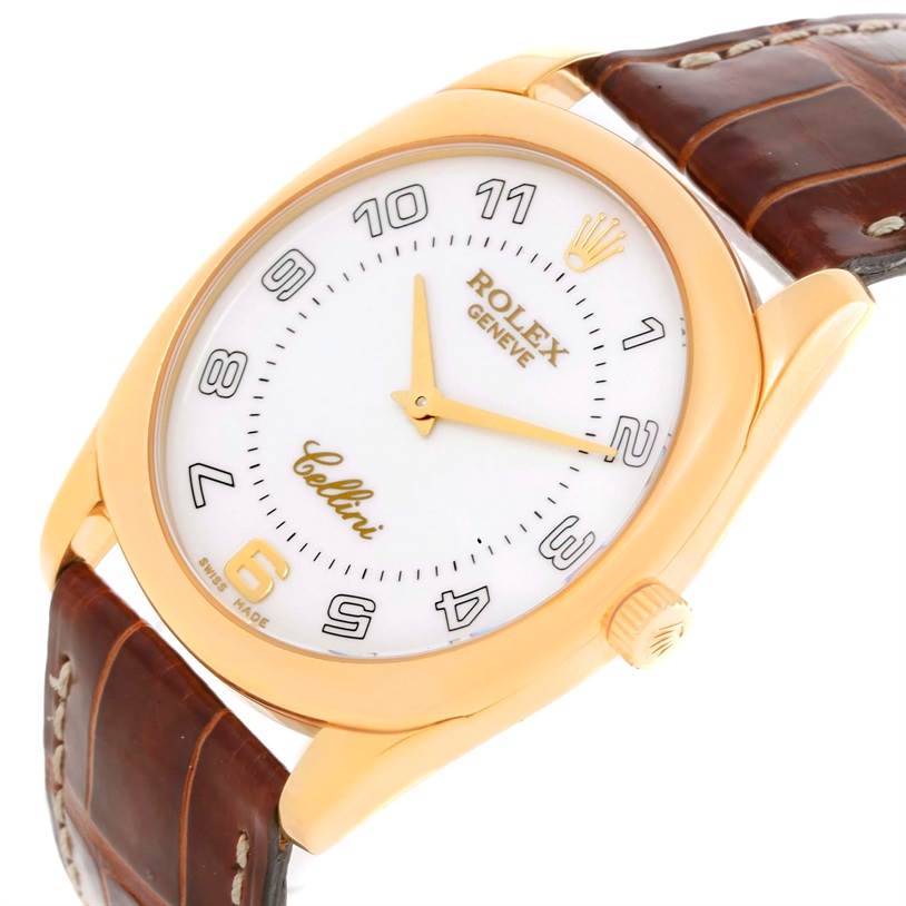 The image shows a Rolex Cellini 4233 Men's Yellow Gold White Dial 4233 Men's Yellow Gold White Dial watch at an angle, highlighting the dial, case, crown, and partial leather strap.
