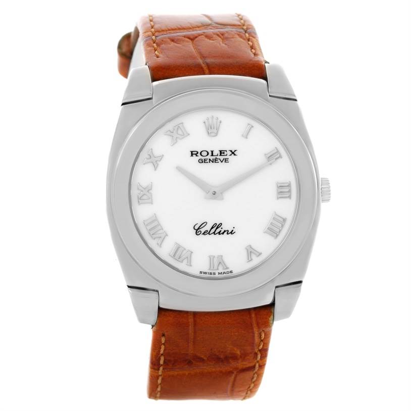 This image shows a front view of the Rolex Cellini 5330 Men
s White Gold White Dial 5330 Men
s White Gold White Dial with a white dial, silver Roman numeral markers, and a brown leather strap.
