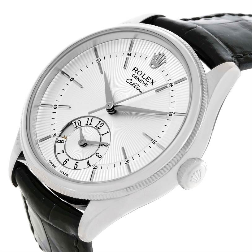The image shows a close-up angled view of a Rolex Cellini 50529 Men's White Gold Silver Dial 50529 Men's White Gold Silver Dial watch, highlighting its dial, crown, and strap.