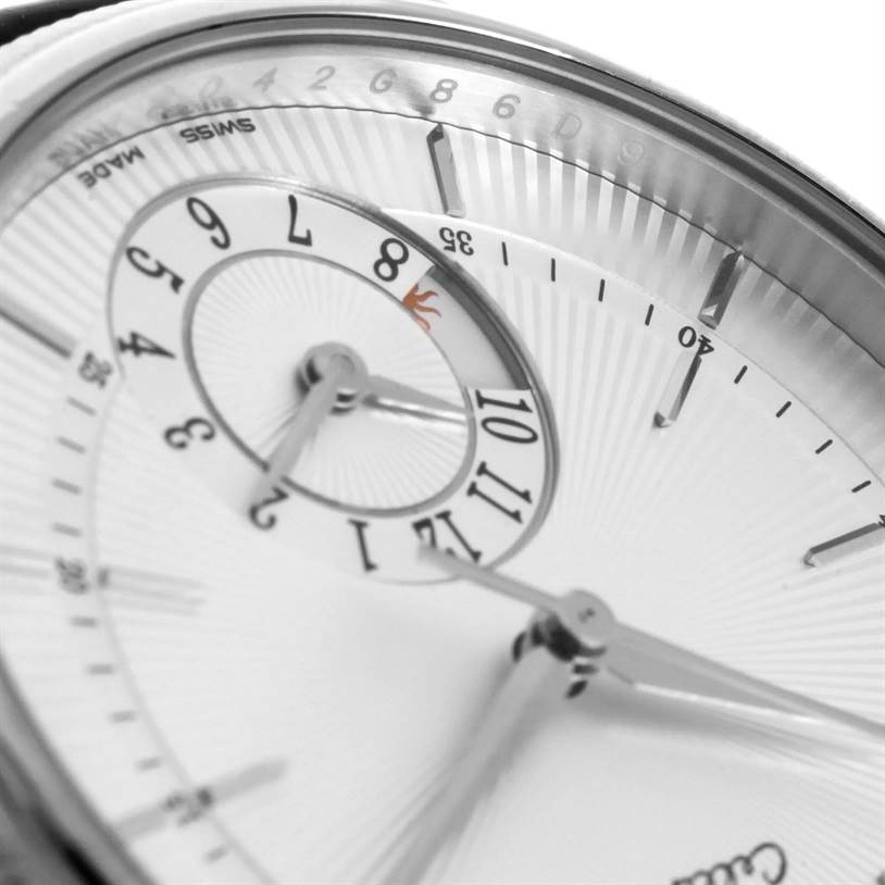 This image shows a close-up of the dial on a Rolex Cellini 50529 Men's White Gold Silver Dial 50529 Men's White Gold Silver Dial watch, highlighting the hour and minute hands, markers, and an inner subdial.