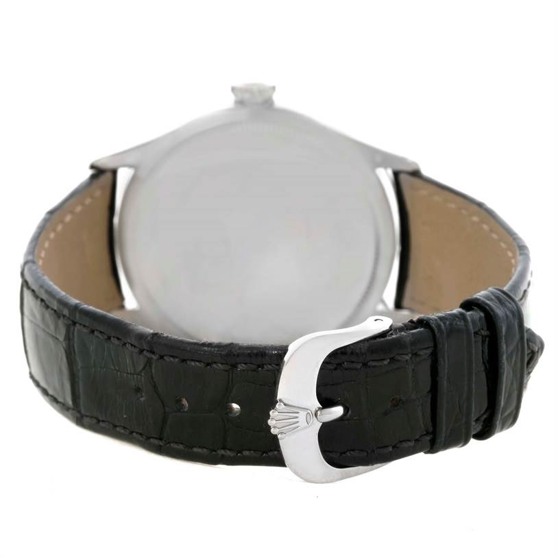 The image shows the back view of a Rolex Cellini 50529 Men's White Gold Silver Dial 50529 Men's White Gold Silver Dial watch, highlighting the leather strap and clasp.