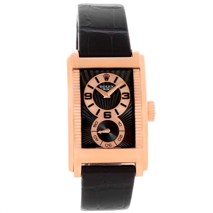 The image shows a frontal view of a Rolex Cellini 5442.5 Men's Rose Gold Black Dial 5442.5 Men's Rose Gold Black Dial watch, displaying the face, bezel, crown, and strap.