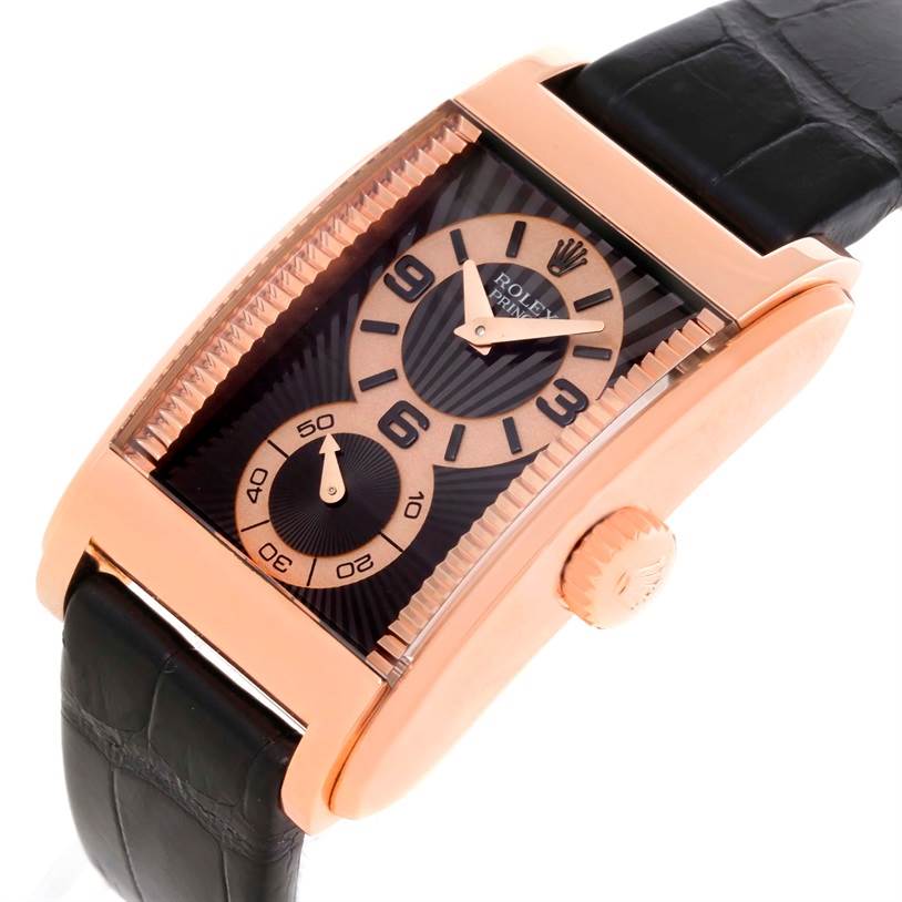 The Rolex Cellini 5442.5 Men's Rose Gold Black Dial 5442.5 Men's Rose Gold Black Dial watch shown is at a three-quarter angle, highlighting the case, dial, crown, and part of the leather strap.