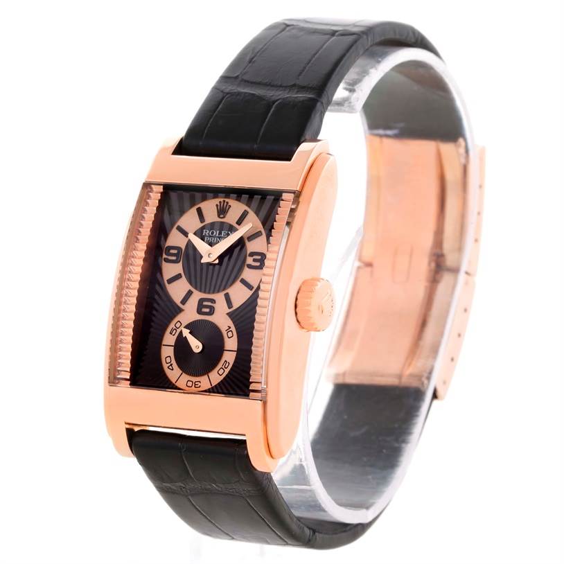 This image shows a front angle of the Rolex Cellini 5442.5 Men's Rose Gold Black Dial 5442.5 Men's Rose Gold Black Dial watch, highlighting its dial, case, crown, and black leather strap.