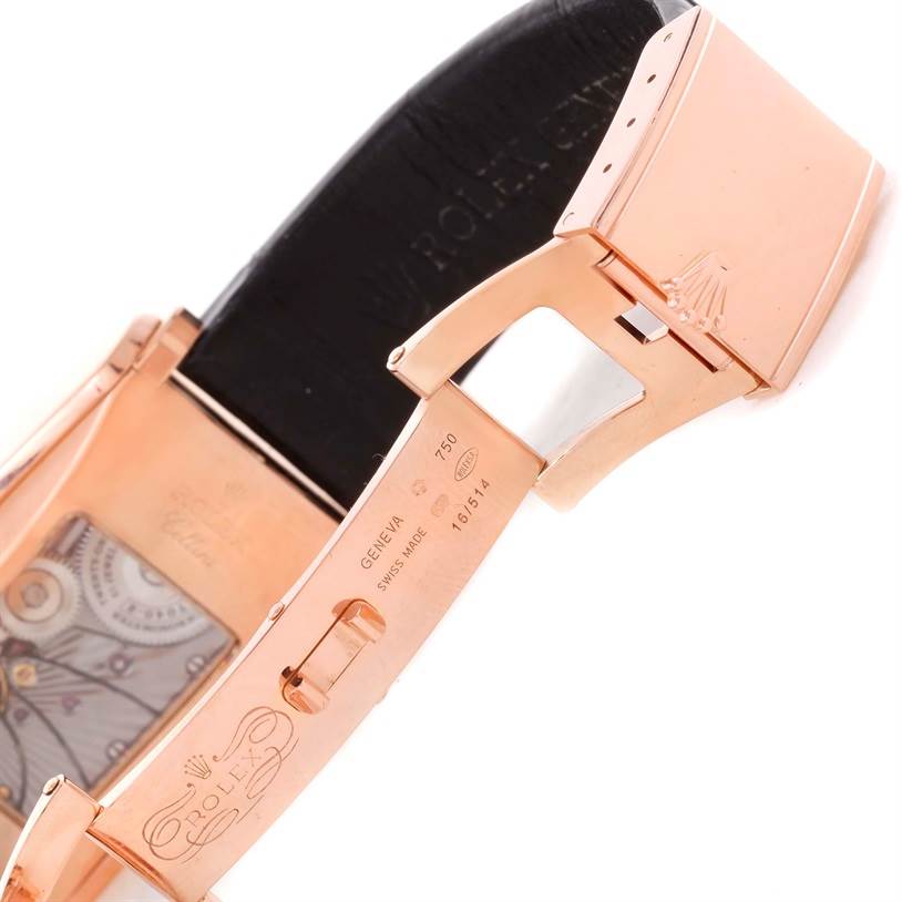 This image shows the open clasp and inner strap of a Rolex Cellini 5442.5 Men's Rose Gold Black Dial 5442.5 Men's Rose Gold Black Dial watch, displaying the hallmark and "Cellini" engraving.