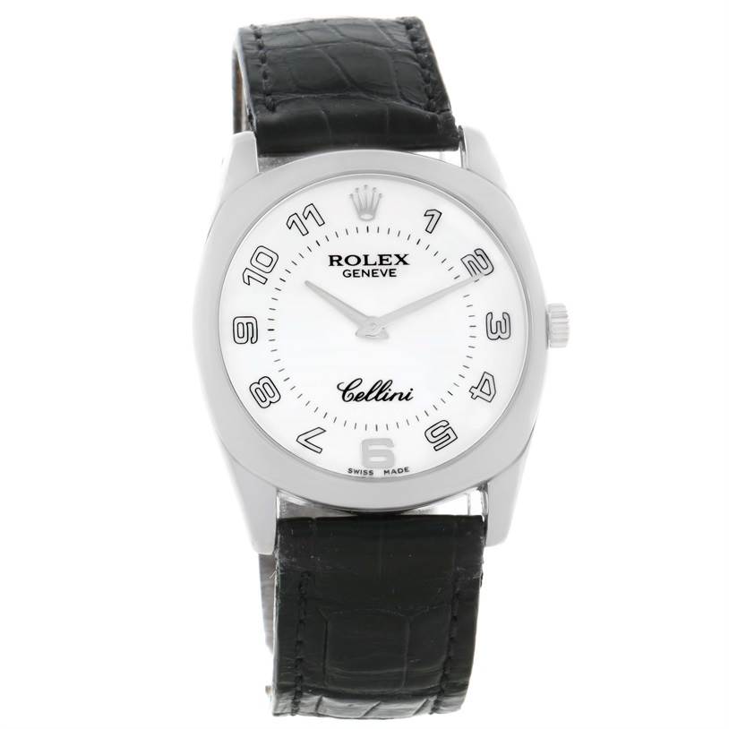 The image shows a head-on view of a Rolex Cellini 4233 Men's White Gold White Dial 4233 Men's White Gold White Dial watch, highlighting its face, bezel, and black leather strap.