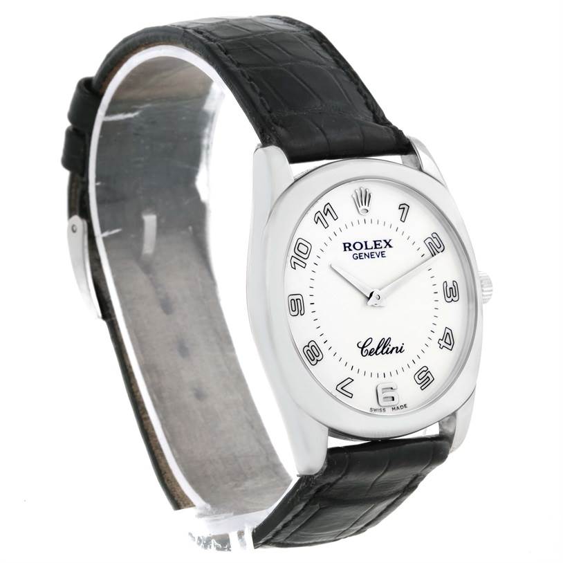 The image shows a side-angle view of a Rolex Cellini 4233 Men's White Gold White Dial 4233 Men's White Gold White Dial watch, highlighting the face, strap, and crown.