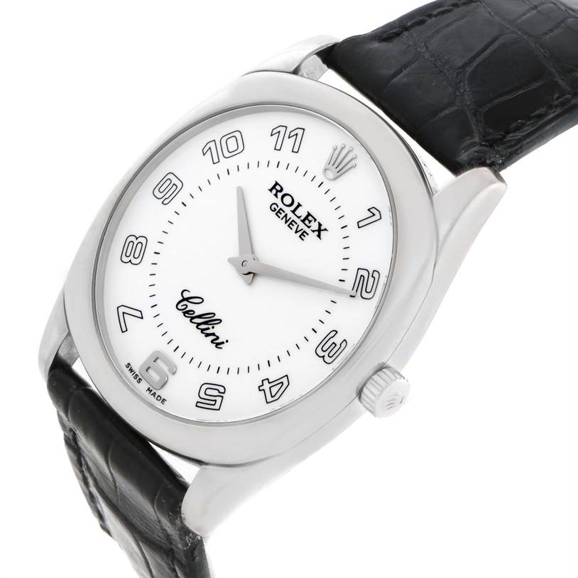 The image shows the front and partial side view of a Rolex Cellini 4233 Men's White Gold White Dial 4233 Men's White Gold White Dial watch with a white dial and black strap.