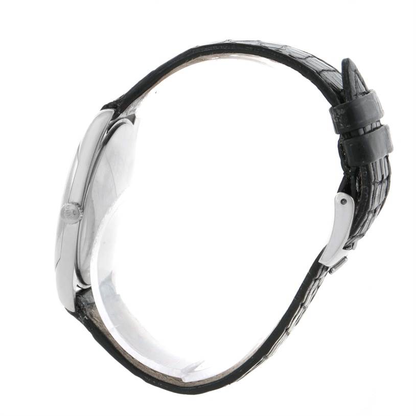 The watch, a Rolex Cellini 4233 Men's White Gold White Dial 4233 Men's White Gold White Dial model, is shown from a right-side profile angle highlighting the case and strap.