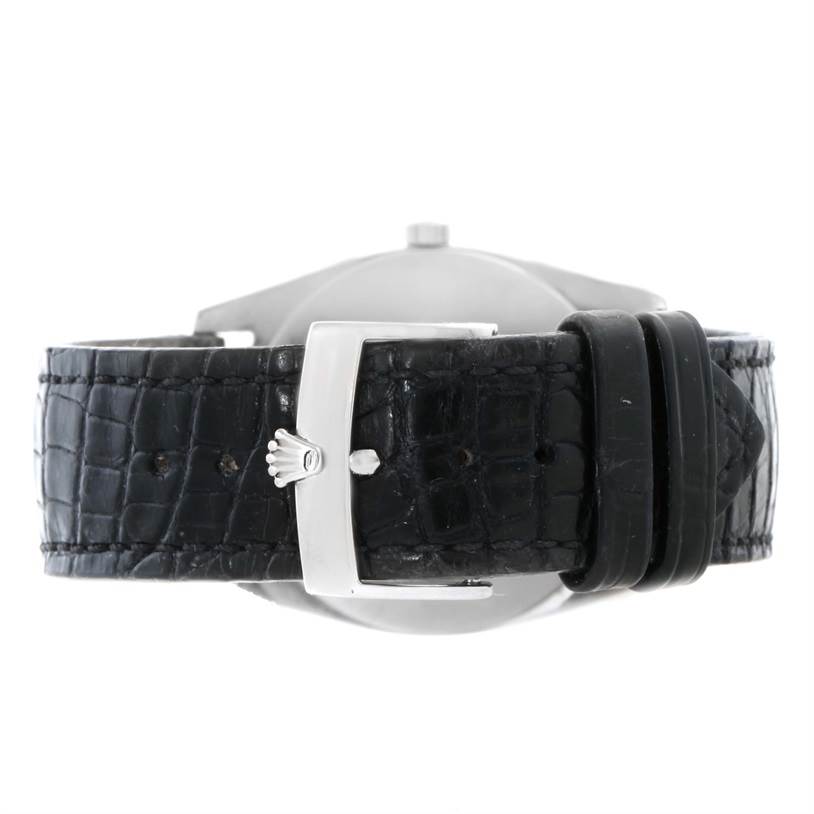 The image shows the rear angle of a Rolex Cellini 4233 Men's White Gold White Dial 4233 Men's White Gold White Dial watch focusing on the black leather strap and clasp.