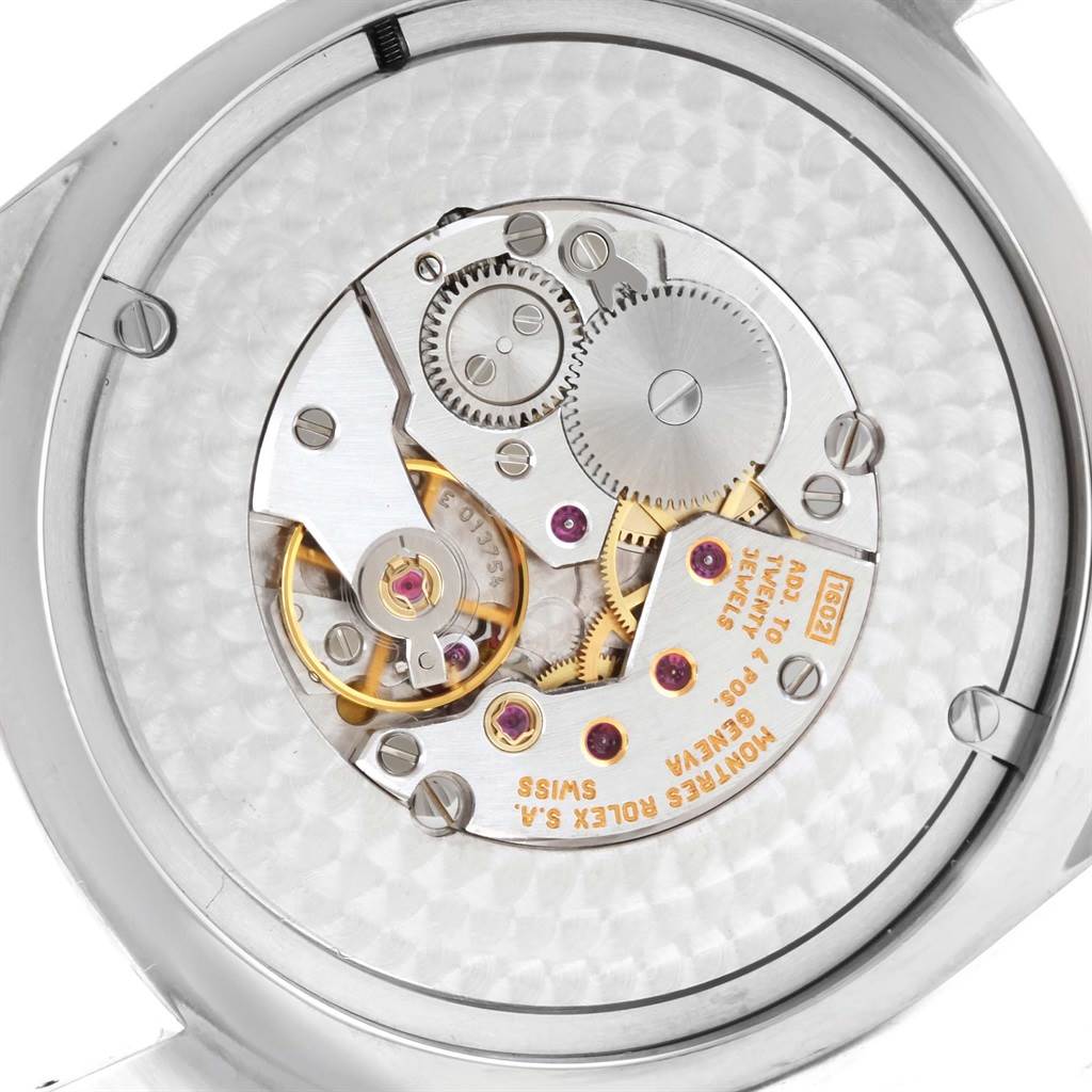 The image shows the internal mechanical movement of a Rolex Cellini 4243 Men's White Gold White Dial 4243 Men's White Gold White Dial watch viewed from the back.