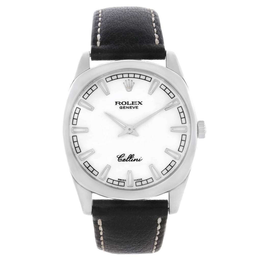 This image shows a front view of the Rolex Cellini 4243 Men's White Gold White Dial 4243 Men's White Gold White Dial watch, displaying the face, bezel, and part of the leather strap.