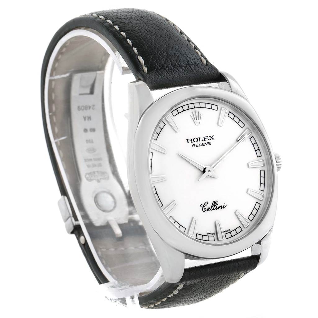 The image shows a side-angle view of a Rolex Cellini 4243 Men's White Gold White Dial 4243 Men's White Gold White Dial watch, highlighting the white dial, black leather strap, and silver case.