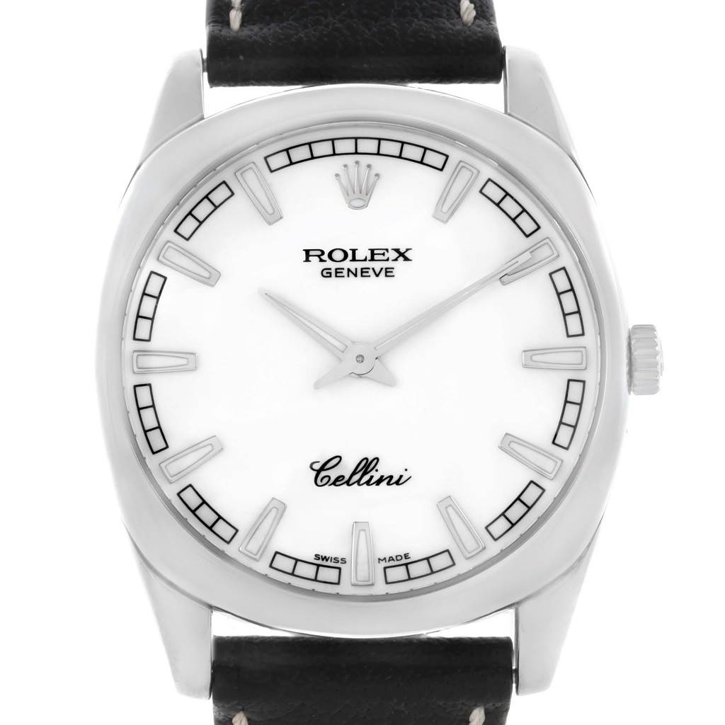 This image shows a front view of the Rolex Cellini 4243 Men's White Gold White Dial 4243 Men's White Gold White Dial watch face with a black leather strap.