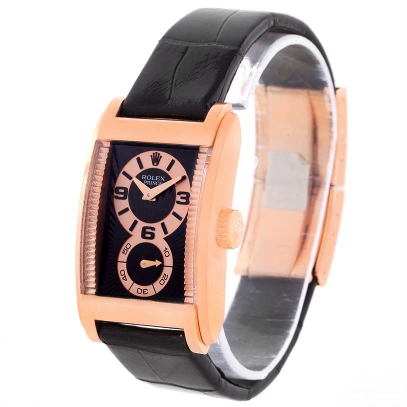 The image shows a Rolex Cellini 5442 Men's Rose Gold Black Dial 5442 Men's Rose Gold Black Dial watch, angled to display the face, bezel, and strap.