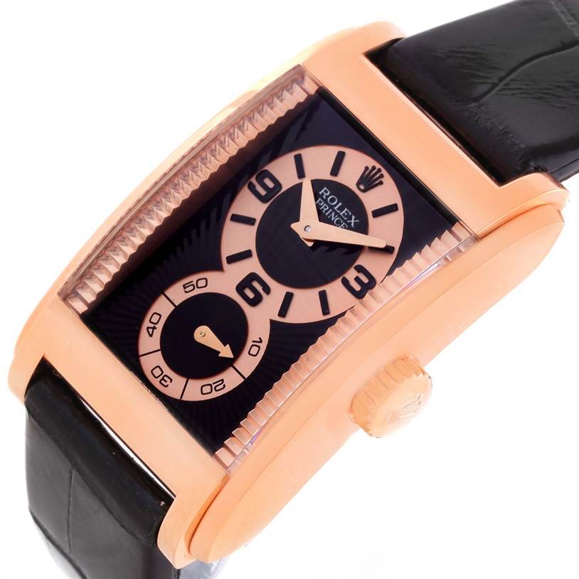 The image shows a close-up of the face, bezel, and strap of a Rolex Cellini 5442 Men's Rose Gold Black Dial 5442 Men's Rose Gold Black Dial watch from a top angle.