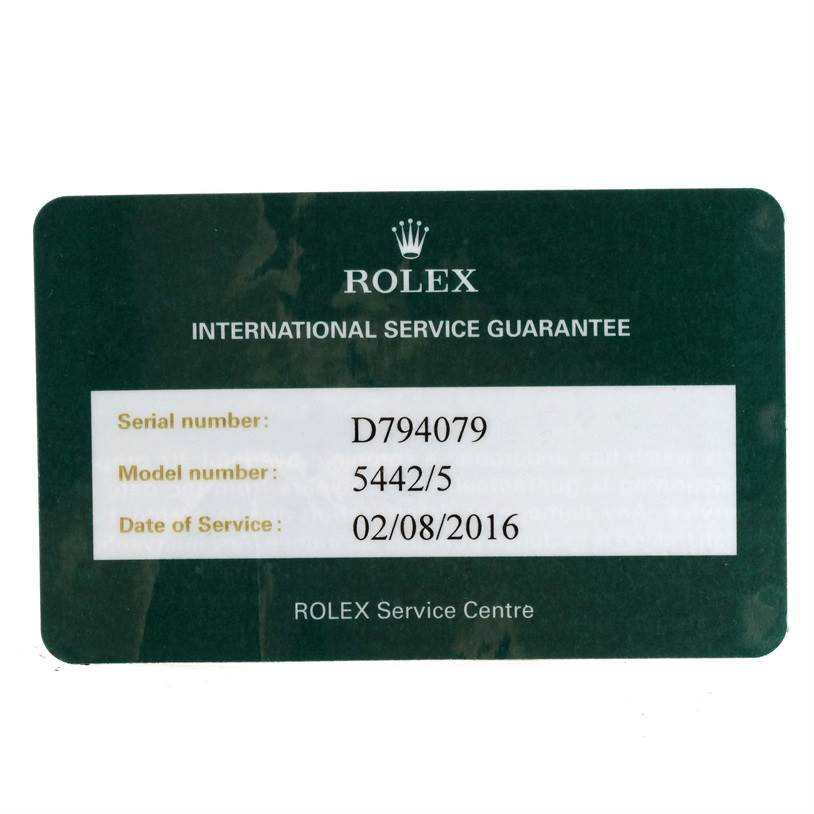 The image shows a Rolex International Service Guarantee card for a Cellini model, including serial number, model number, and service date.