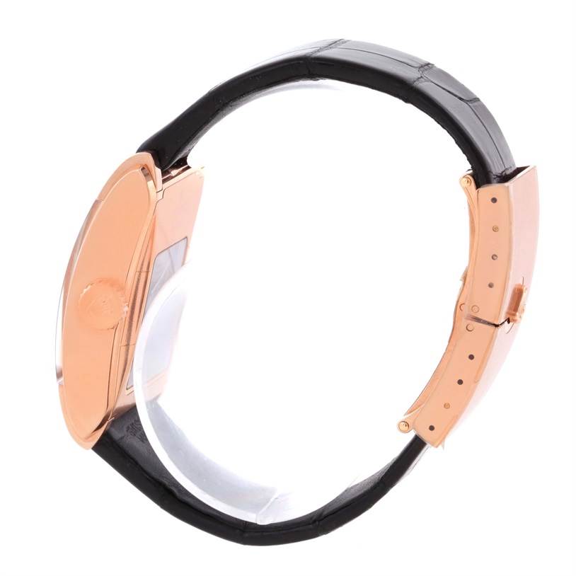 The image shows a side view of the Rolex Cellini 5442 Men's Rose Gold Black Dial 5442 Men's Rose Gold Black Dial watch, highlighting the case, crown, and leather strap.