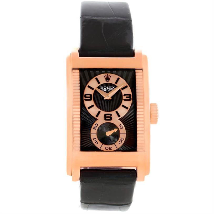 This is a front view of a Rolex Cellini 5442 Men's Rose Gold Black Dial 5442 Men's Rose Gold Black Dial watch, displaying its face, case, and strap.