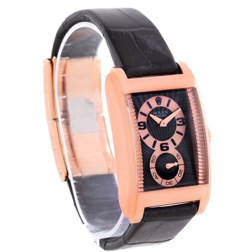 The Rolex Cellini 5442 Men's Rose Gold Black Dial 5442 Men's Rose Gold Black Dial watch is shown from a front angle, showcasing its face, dial, and black leather strap.