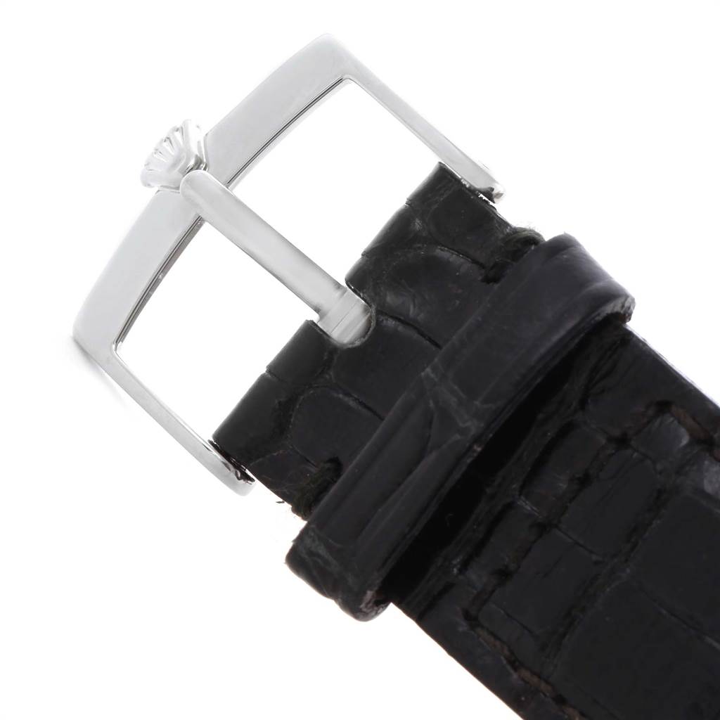 This image shows the clasp and leather strap of a Rolex Cellini 4233 Men's White Gold White Dial 4233 Men's White Gold White Dial watch.