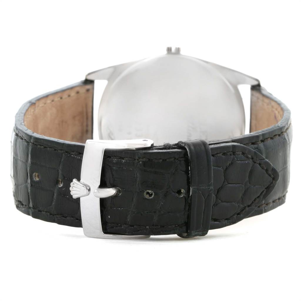 This image shows the back of a Rolex Cellini 4233 Men's White Gold White Dial 4233 Men's White Gold White Dial watch, focusing on the leather strap and buckle.