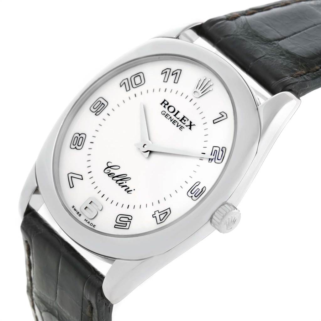 The image shows a close-up of the dial, case, and partial strap of a Rolex Cellini 4233 Men's White Gold White Dial 4233 Men's White Gold White Dial watch.