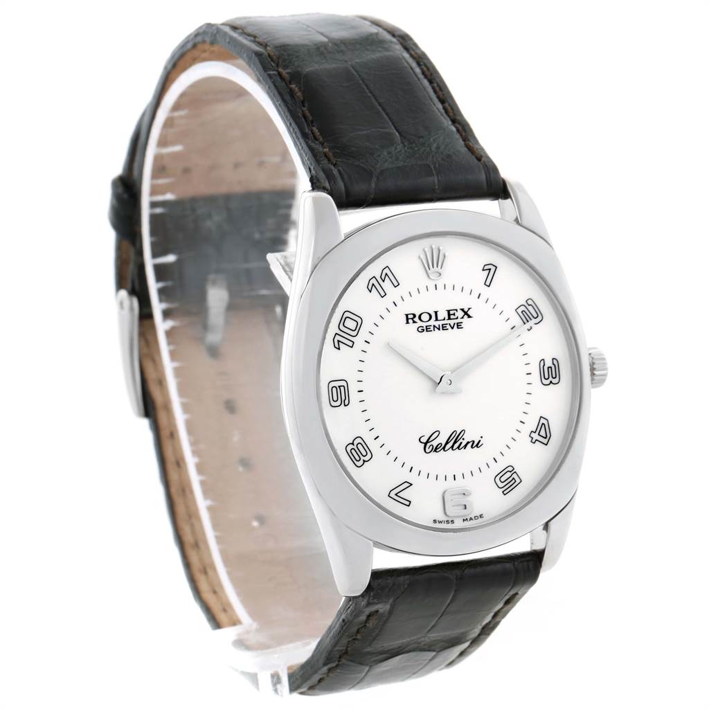 The image shows a Rolex Cellini 4233 Men's White Gold White Dial 4233 Men's White Gold White Dial watch at a slight angle, highlighting its white dial, numerals, and black leather strap.