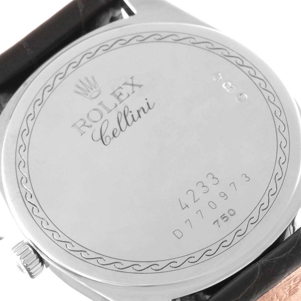 This image shows the back casing of a Rolex Cellini 4233 Men's White Gold White Dial 4233 Men's White Gold White Dial watch, including the crown and strap attachment.